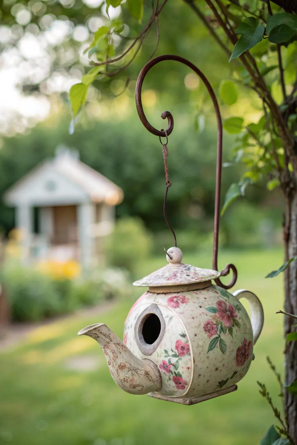 Transform your garden with this enchanting upcycled teapot birdhouse—where elegance meets whimsy.