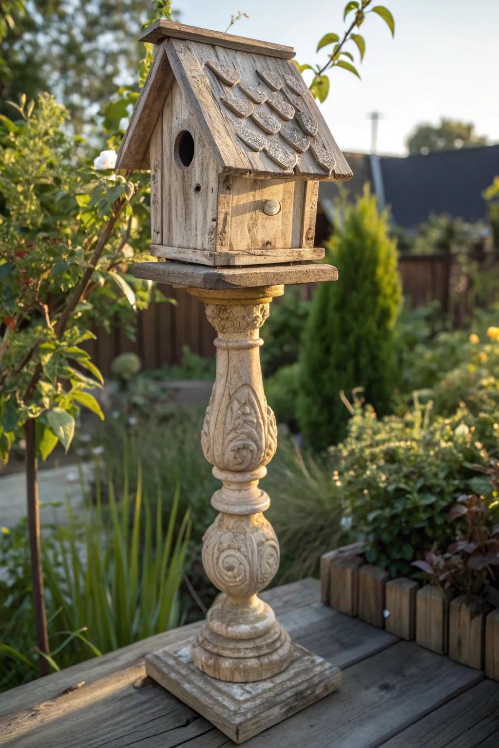 Transform vintage spindles into charming rustic birdhouse posts for a timeless garden appeal.