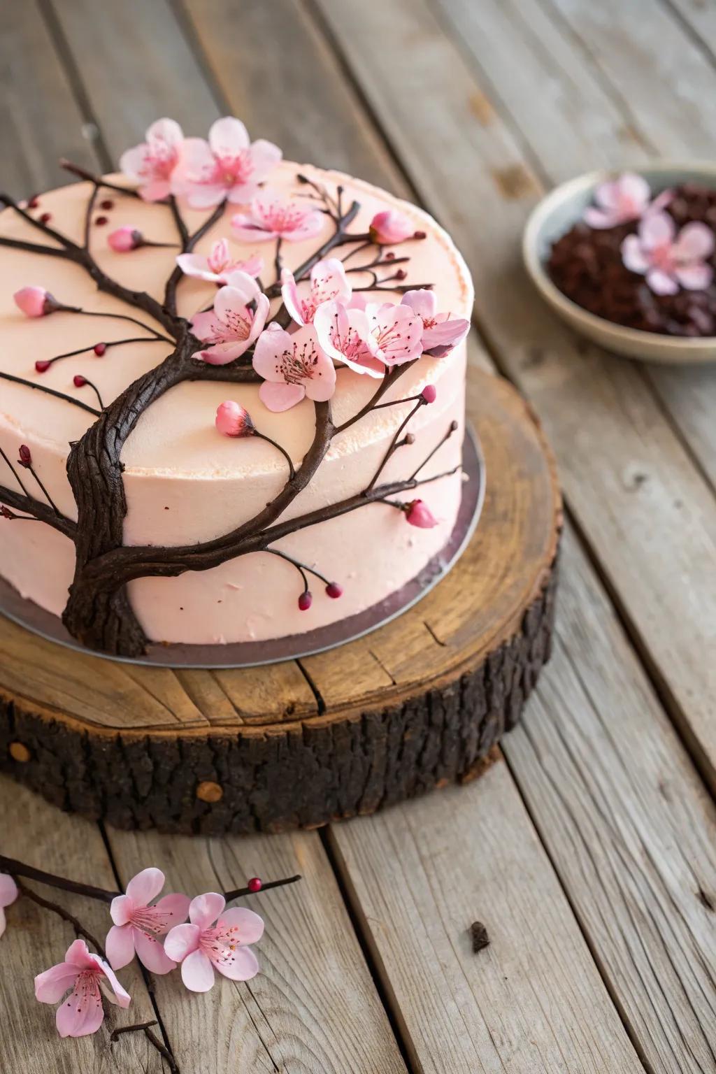 Cherry blossoms and chocolate branches create a visually stunning cake.