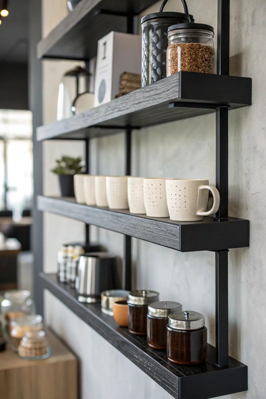 Minimalist black floating shelves displaying coffee essentials