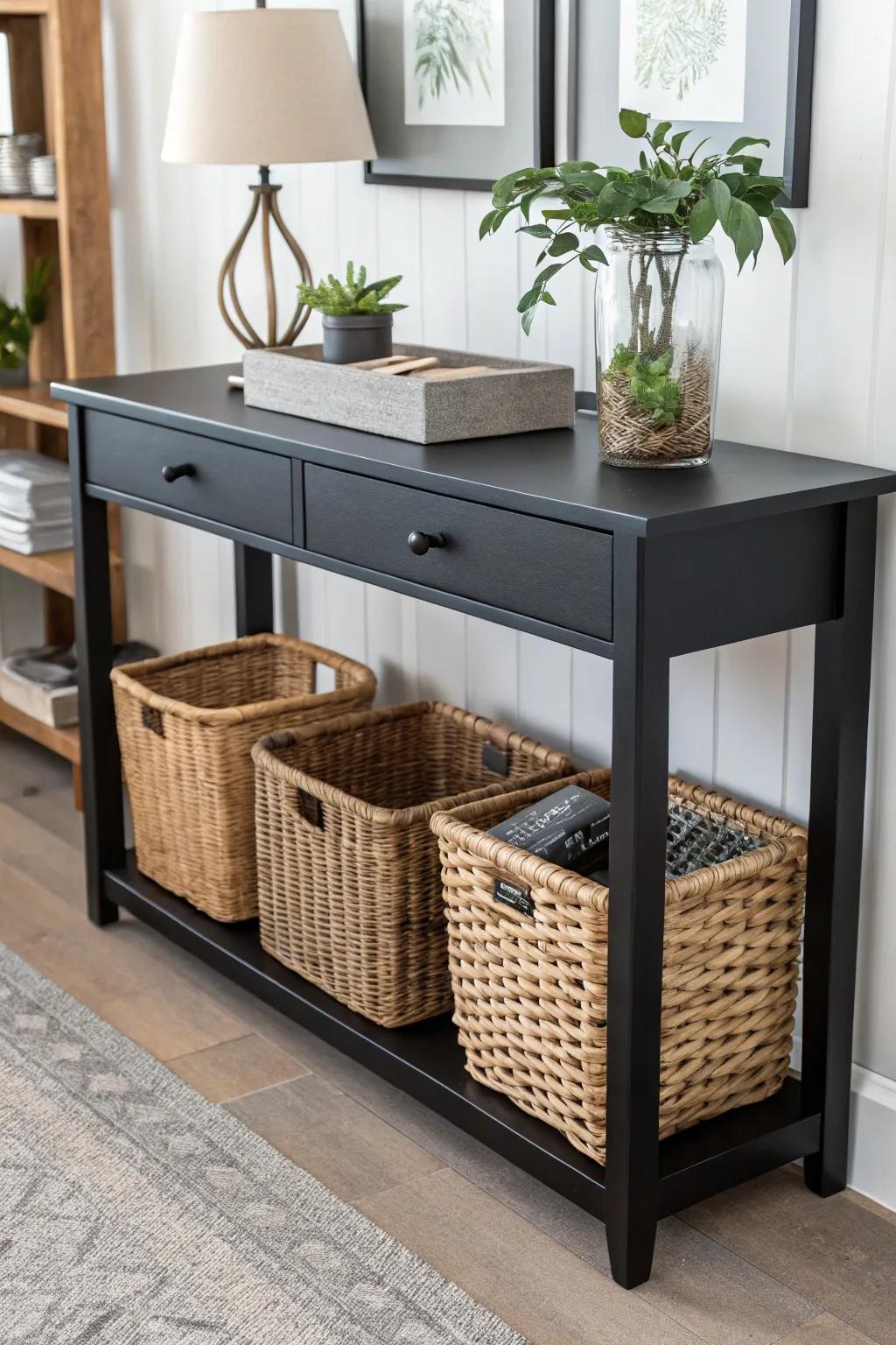Woven baskets underneath a console table offer both style and storage.