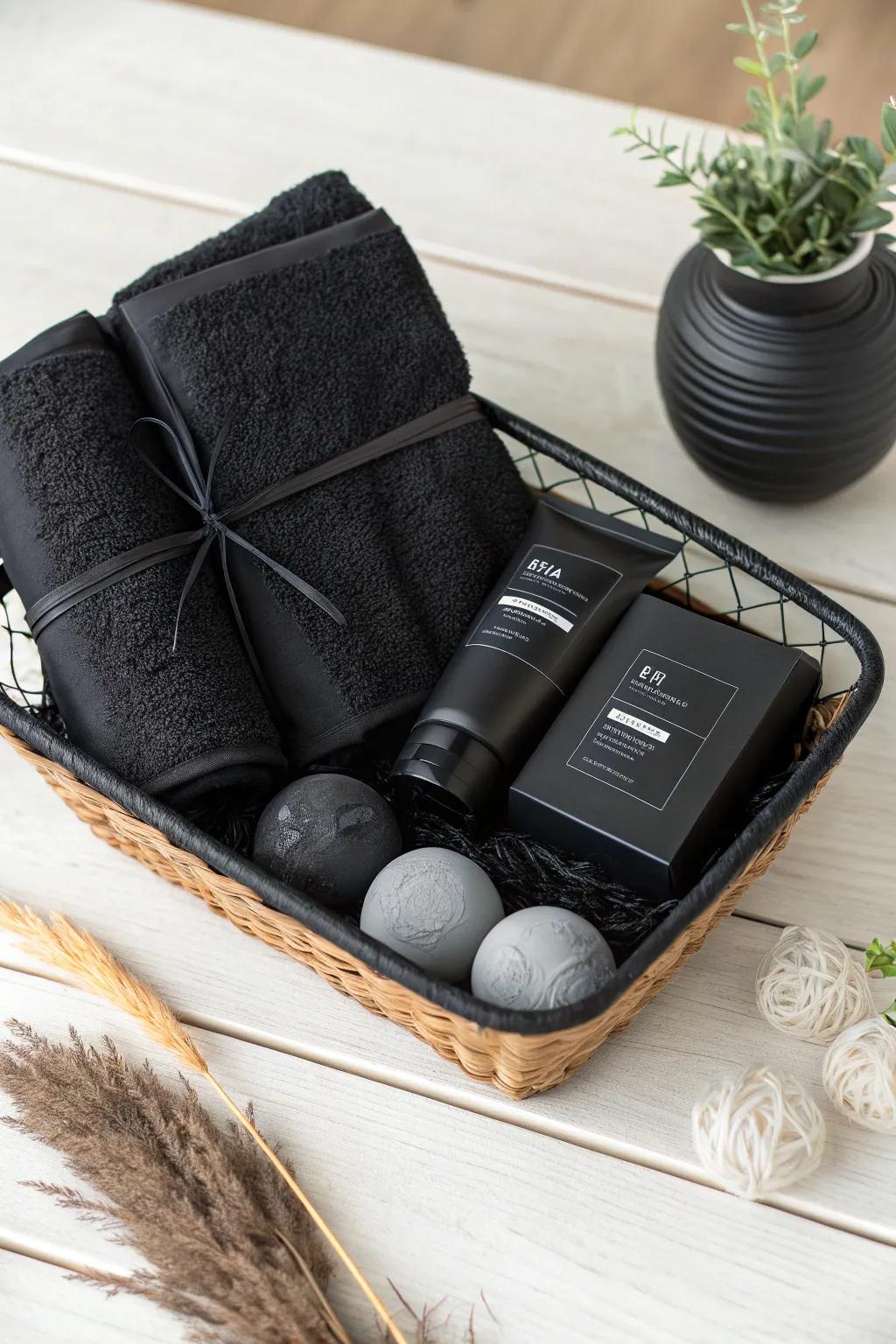 Indulge in luxury with a chic black-themed spa basket, perfect for a serene escape at home.