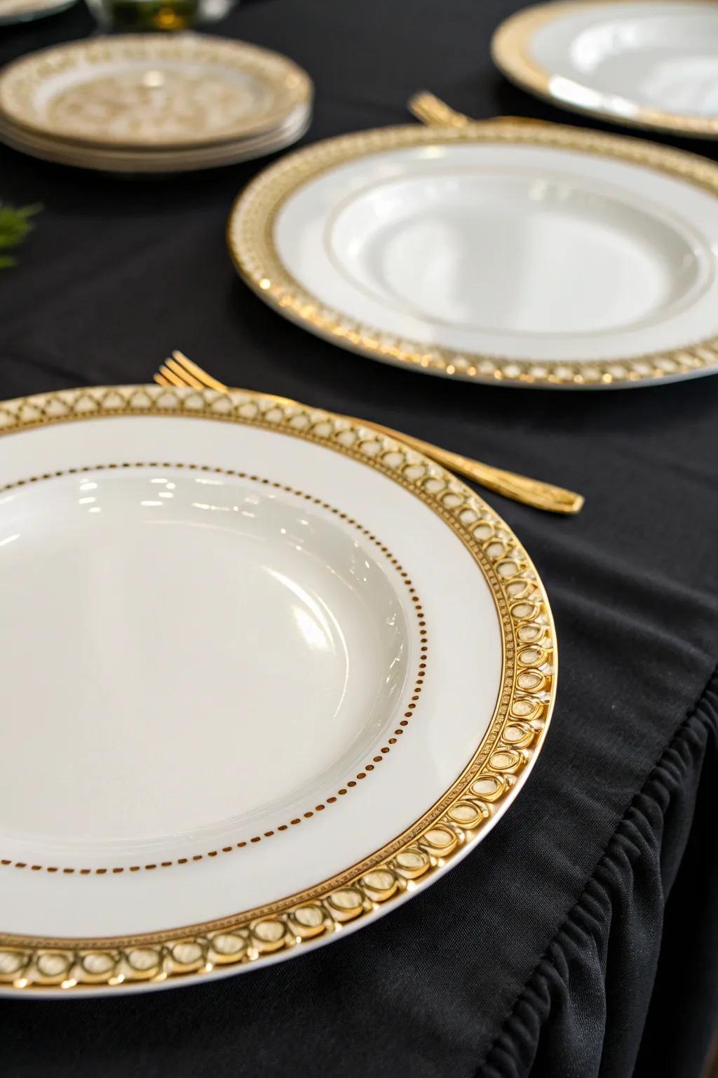 Gold-edged plates provide a luxurious touch to your dining experience.