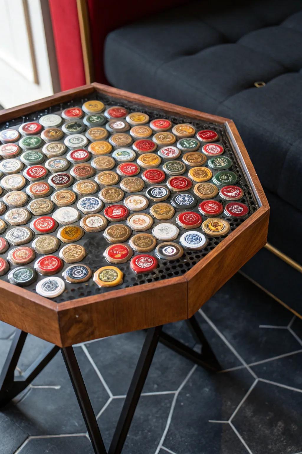 Craftsmanship meets modern design in this hexagonal bottle cap table - a true centerpiece for any space.