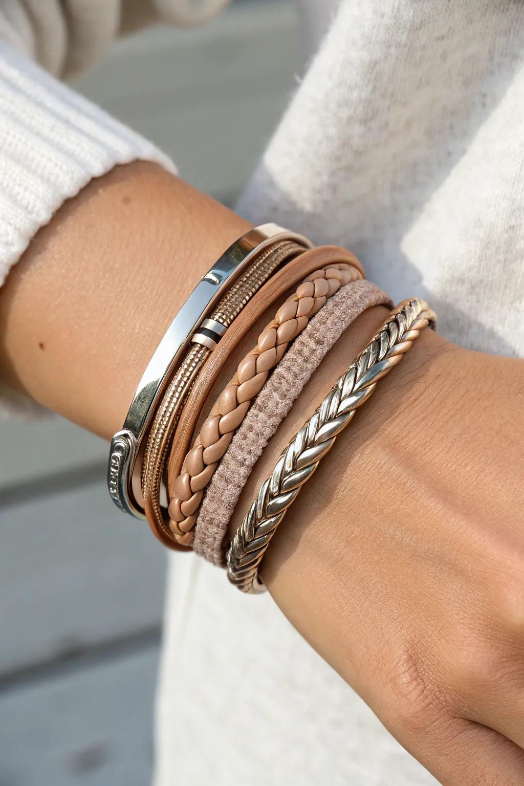 Elevate your style with layered textures: Leather wraps meet sleek metal cuffs for a look that's uniquely you.
