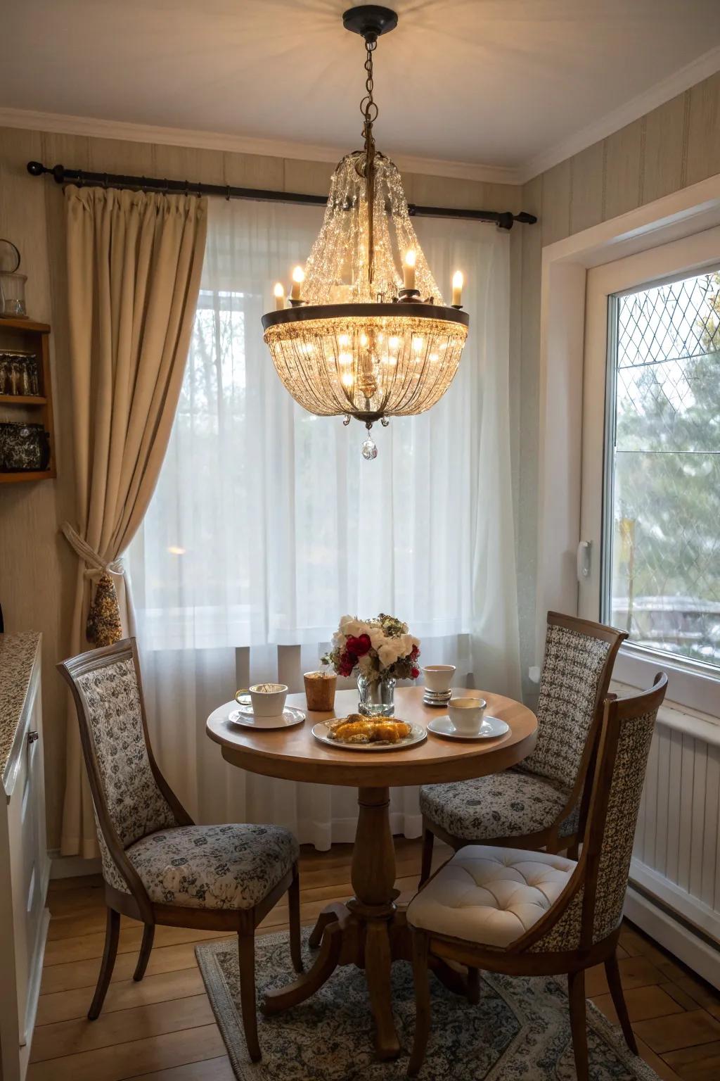 A small chandelier bringing elegance to a breakfast nook.