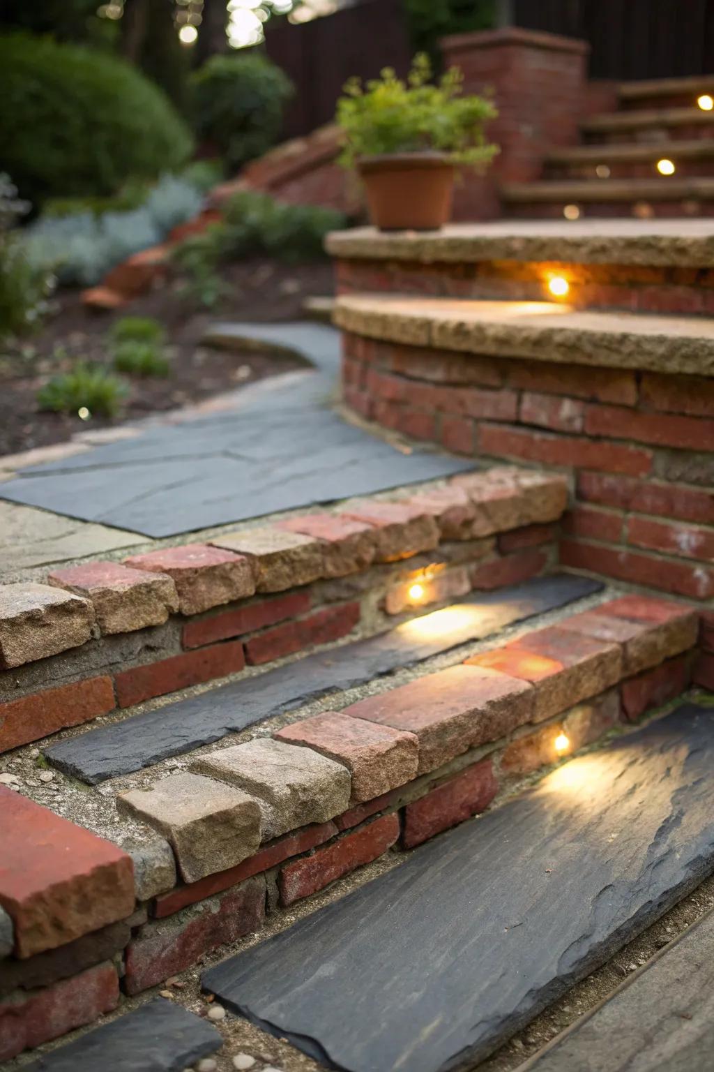 Elevate your garden with a stunning blend of brick and slate steps.