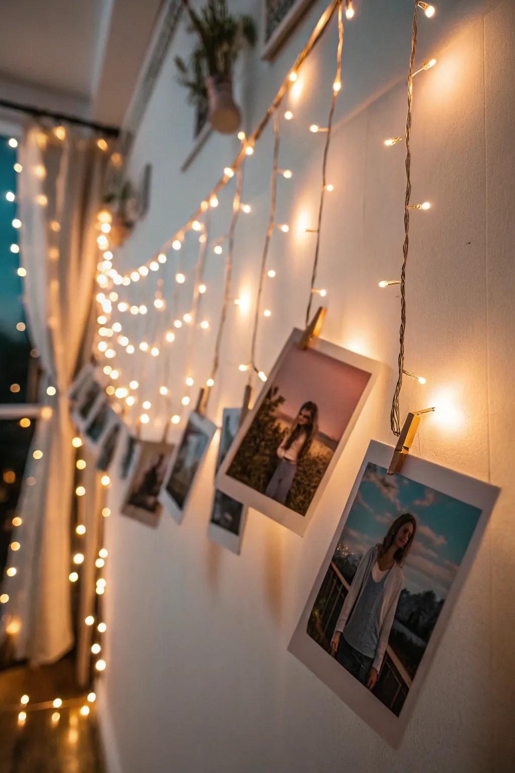 Twinkling string display with photos and fairy lights.