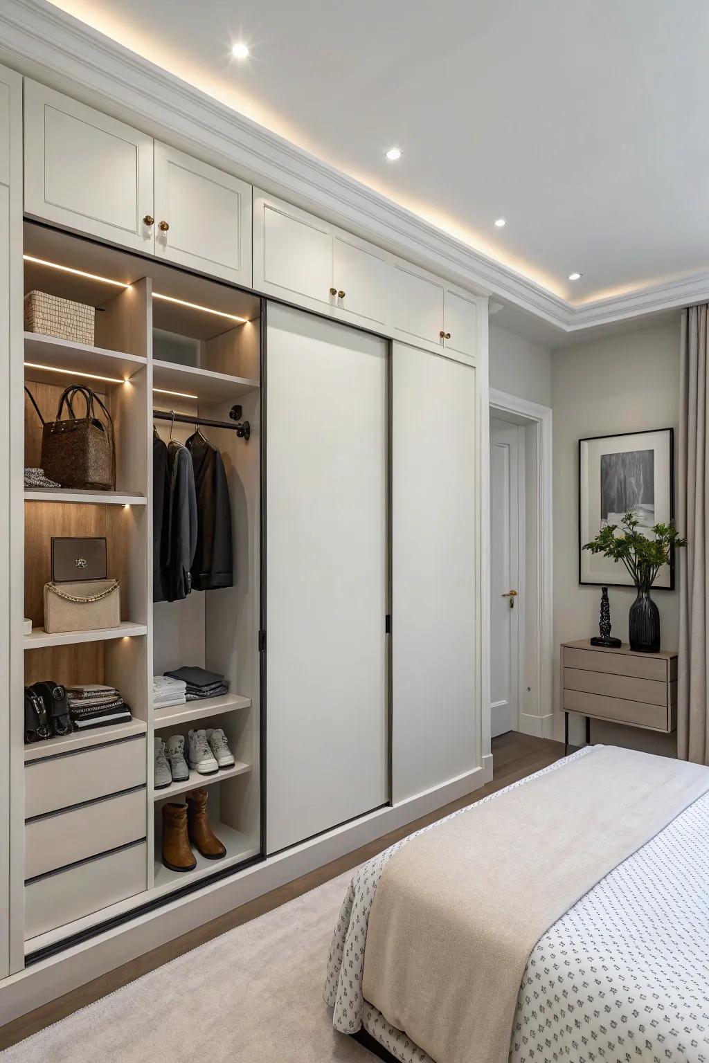 A wardrobe design that merges open and closed storage for versatile organization.