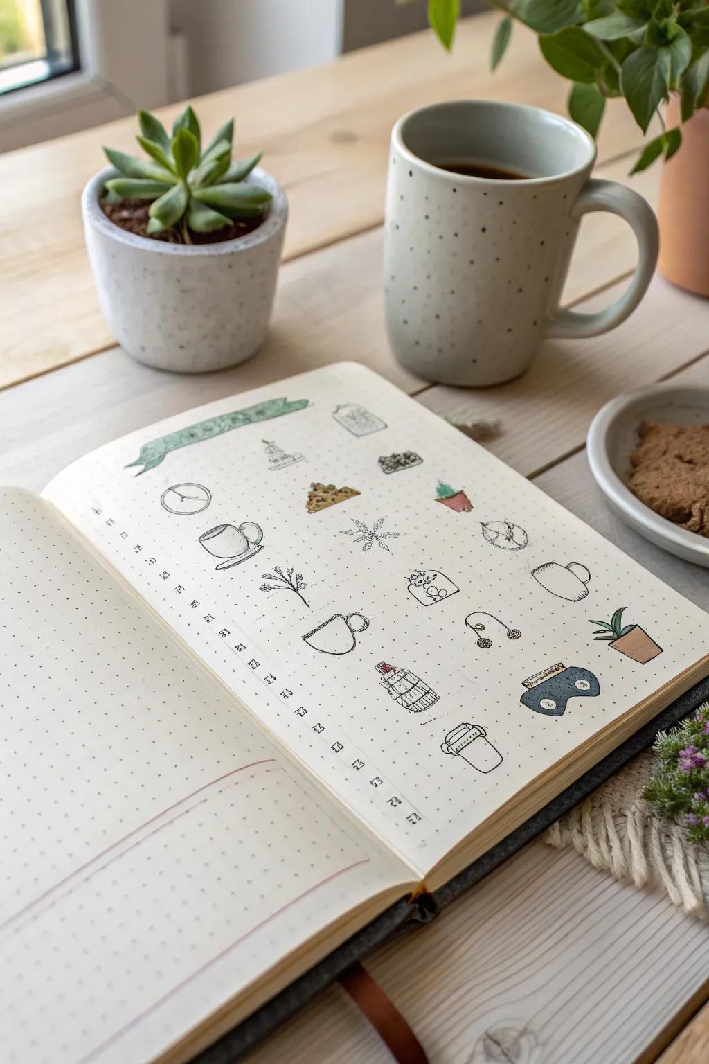 Capture your daily moods with playful icons in a beautifully crafted bullet journal.