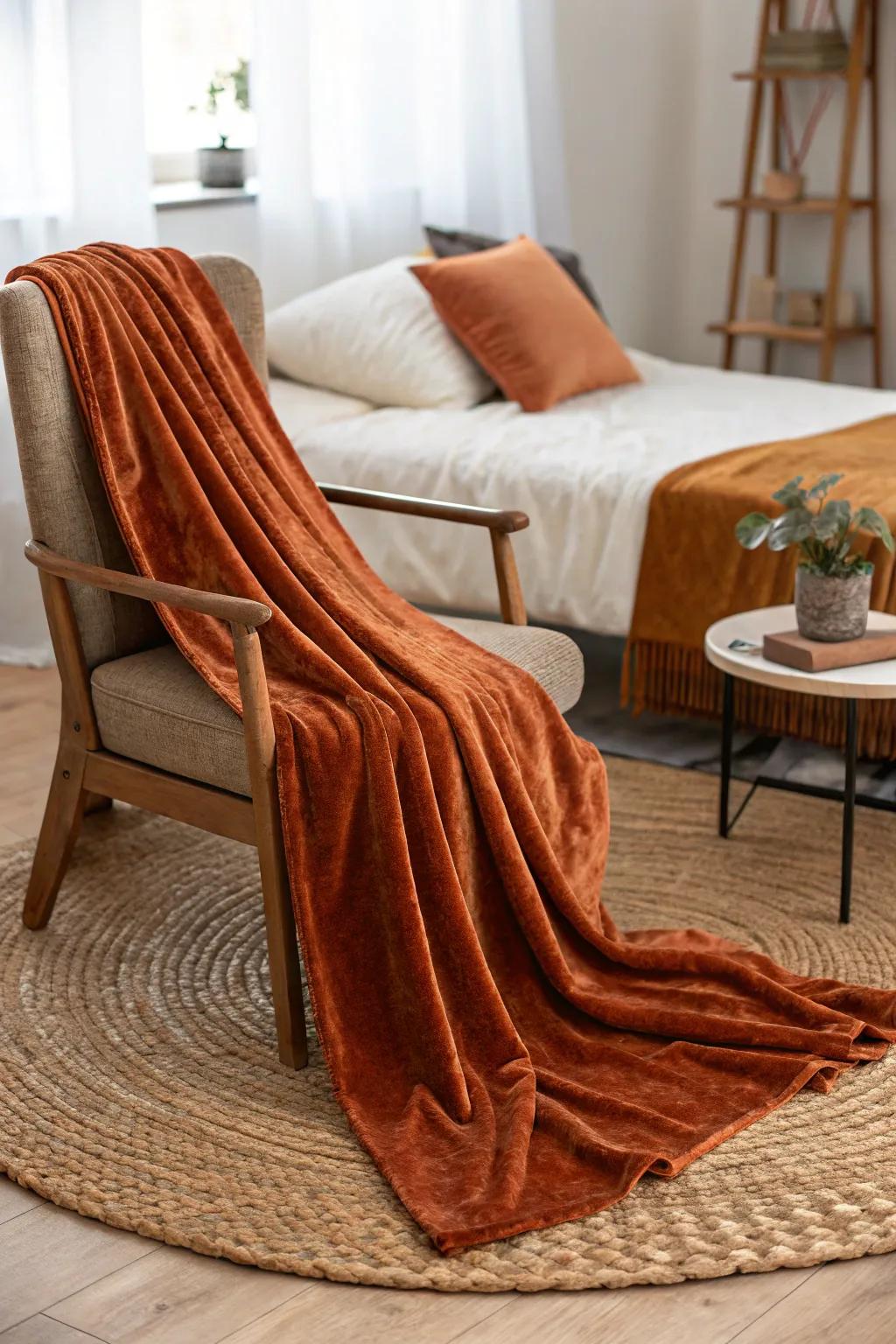 Layered textiles in burnt orange and brown for a cozy feel.