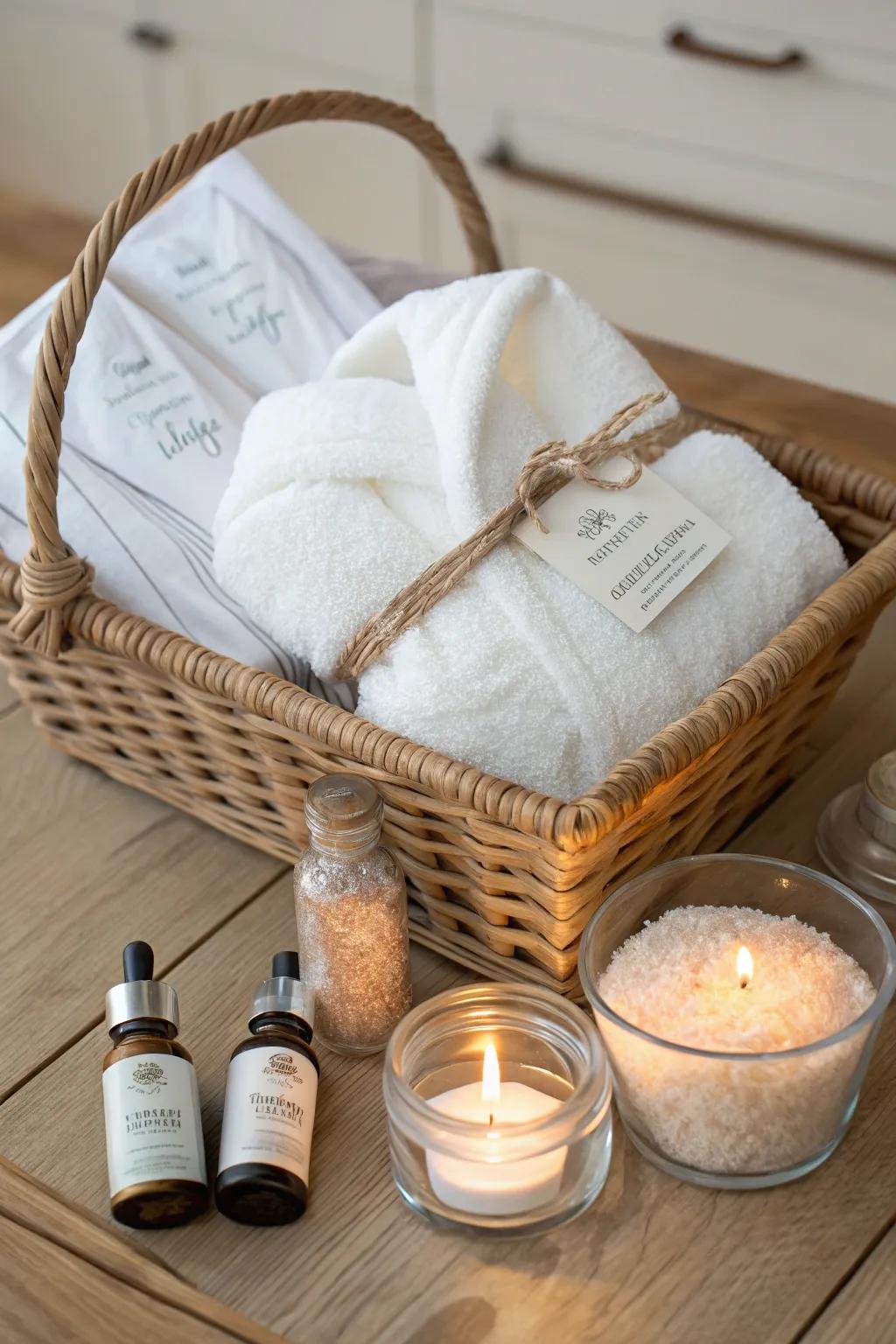 Indulge in the ultimate spa day at home with our curated basket of relaxation essentials. #SpaDayBasket #ScandinavianSimplicity #BohoChic
