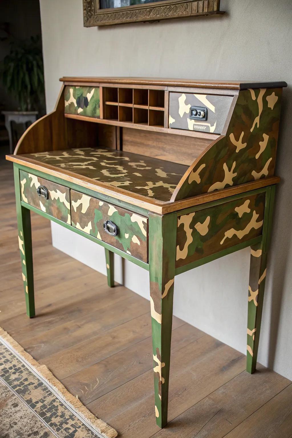 Transform your space with a touch of rugged artistry: DIY camouflage furniture for the craft-savvy man.