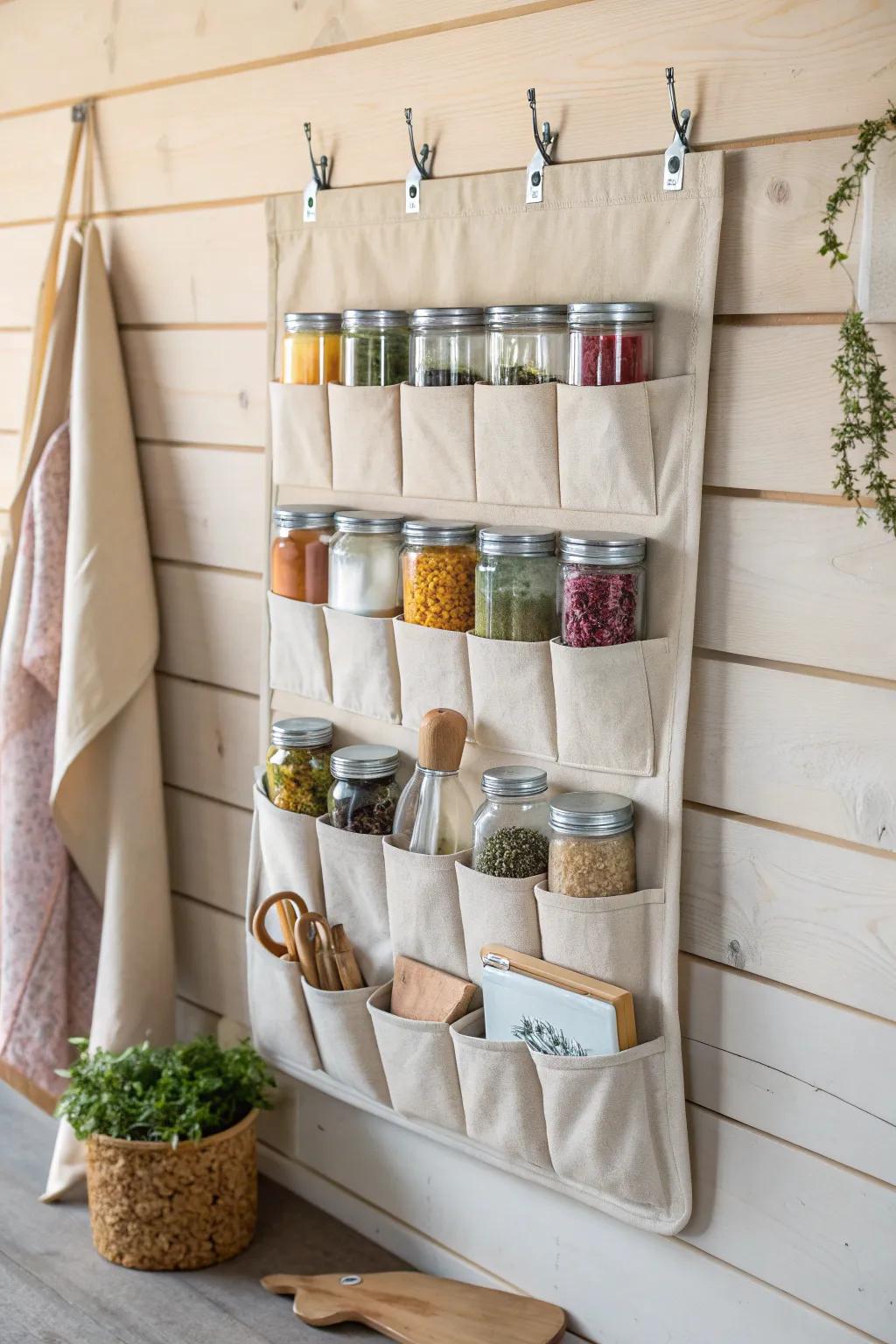 Elevate your camp kitchen with a chic and functional hanging pantry—where organization meets style.