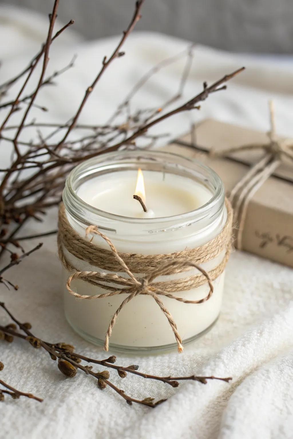 Bring a touch of the forest into your home with twigs and twine wrapped candle jars. #ScandiBoho #NaturalBeauty