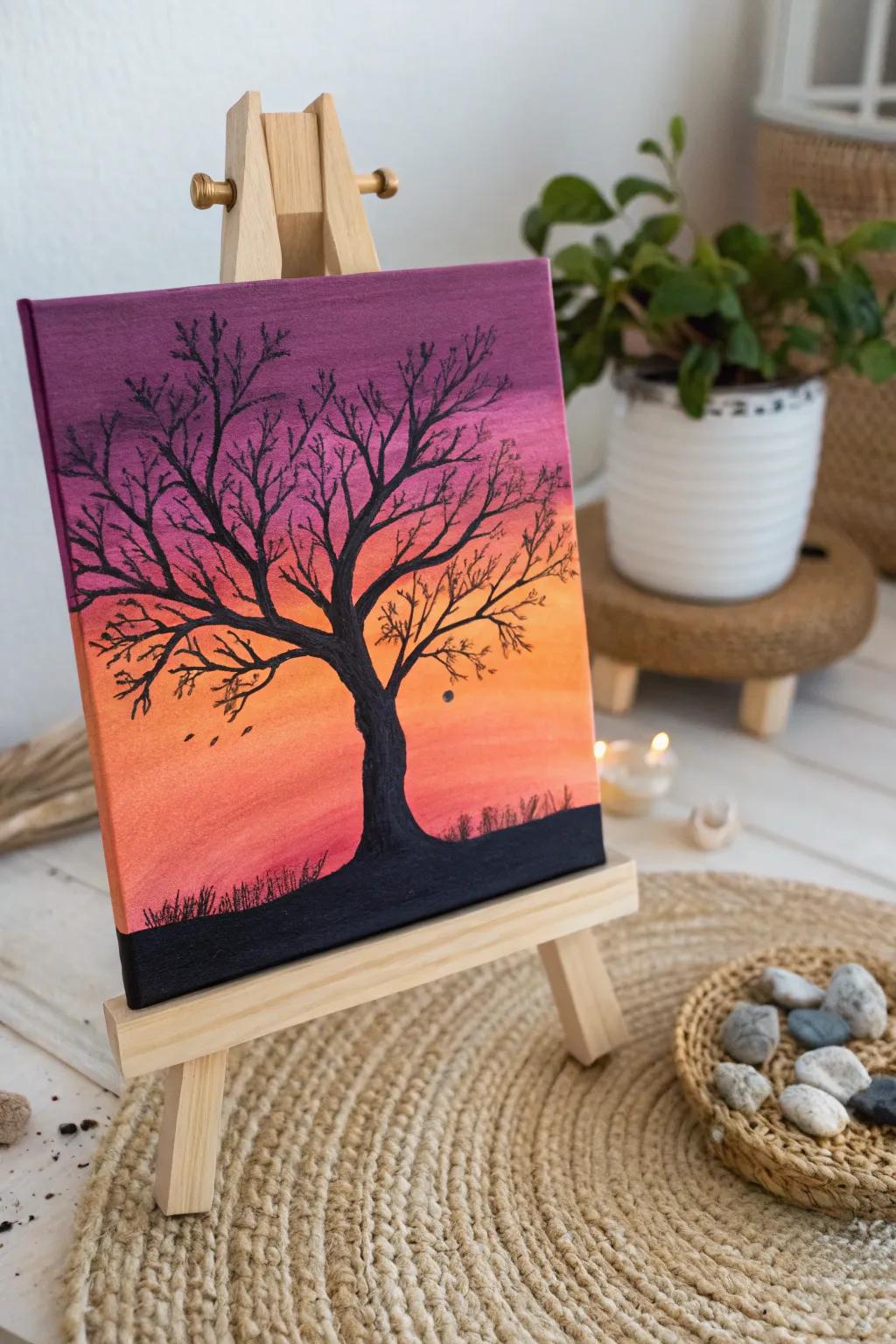 Embrace the elegance of simplicity with a stunning silhouette against a vibrant sunset canvas. Perfect for adding a touch of drama and natural beauty to your space.