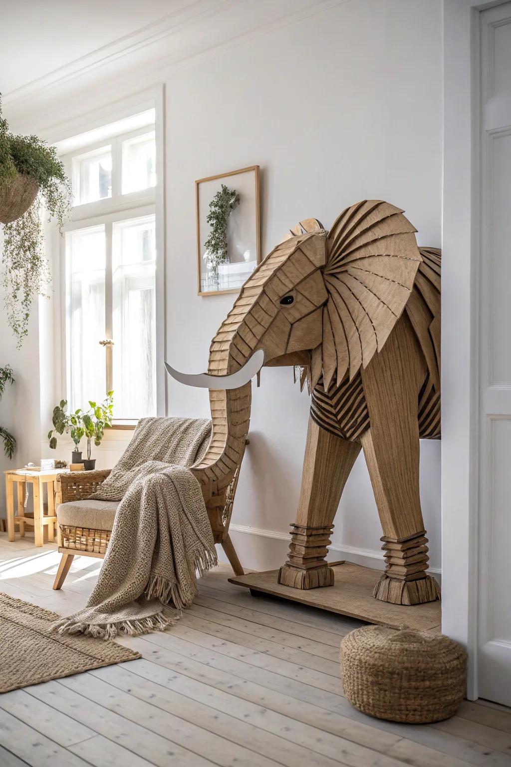 Embrace elegance with this stunning cardboard elephant sculpture – a perfect blend of artistry and nature for your minimalist sanctuary.