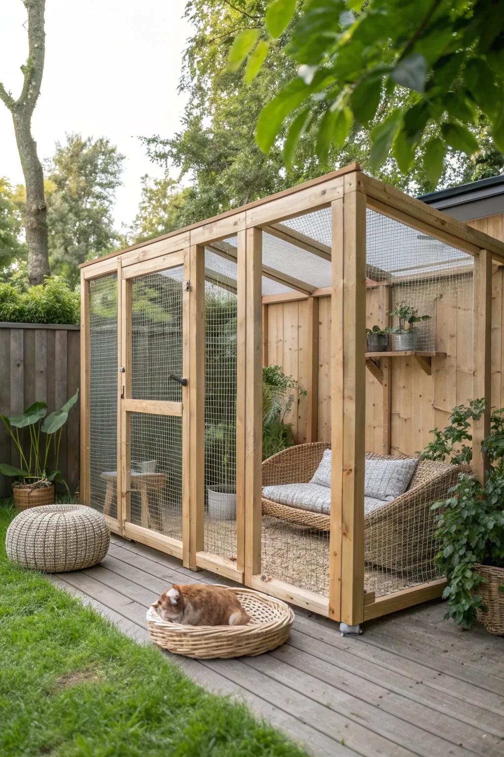 Bask in the Sun: A Scandinavian-inspired catio that blends simplicity with natural elegance.