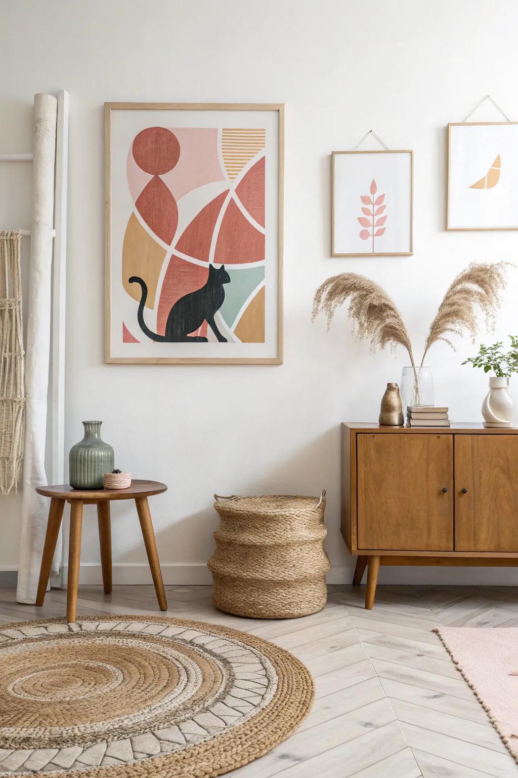 Embrace the playful elegance of abstract feline art in your minimalist sanctuary.