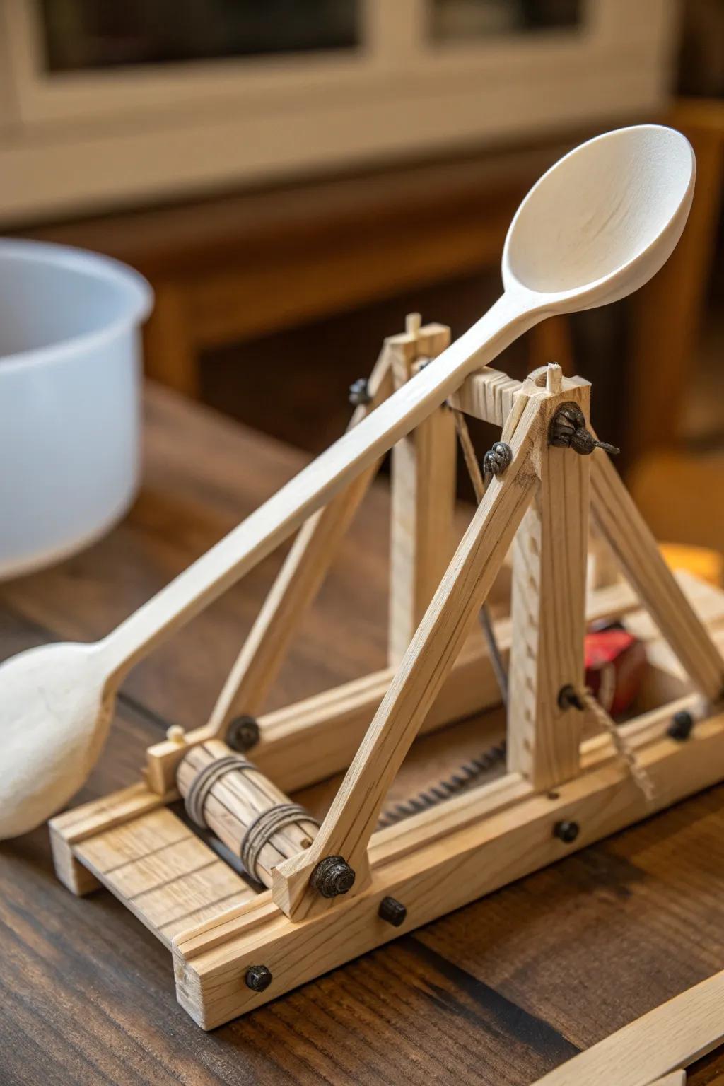 Ingenious craftsmanship: A plastic spoon transforms into a sleek catapult arm in this captivating design.