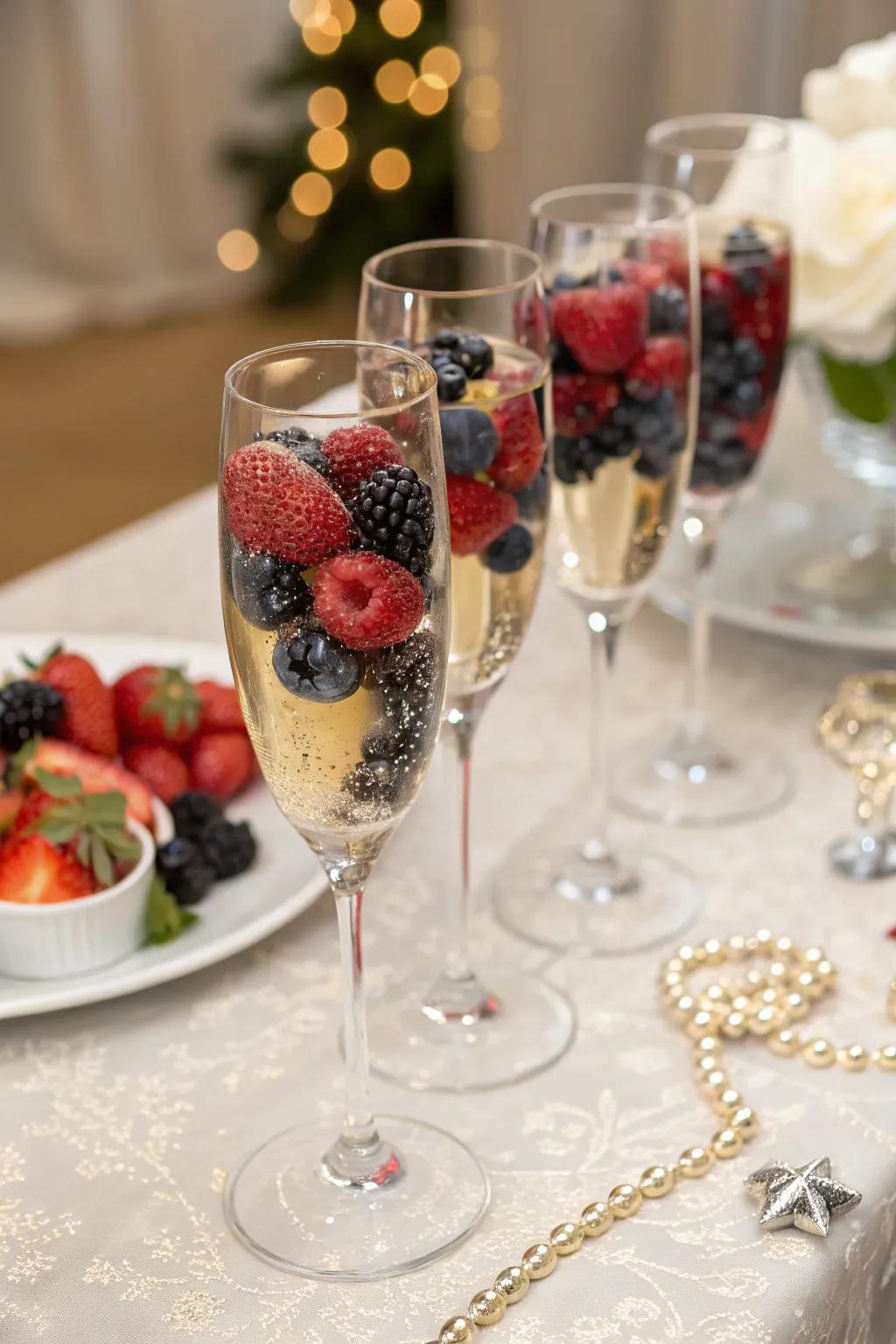 Champagne flutes infused with fresh fruits for a flavorful toast.
