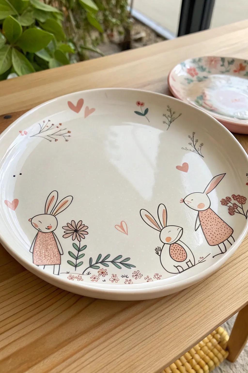 Add a touch of whimsy to your table with this adorable bunny-themed ceramic platter.