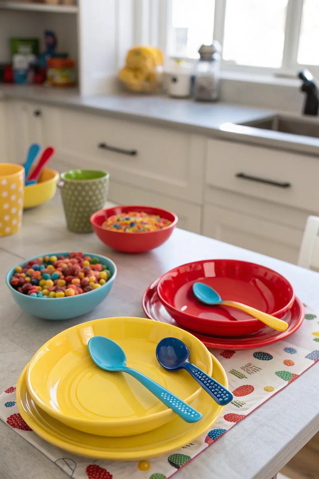 A table set with colorful plates and spoons in a playful, cereal-themed style.
