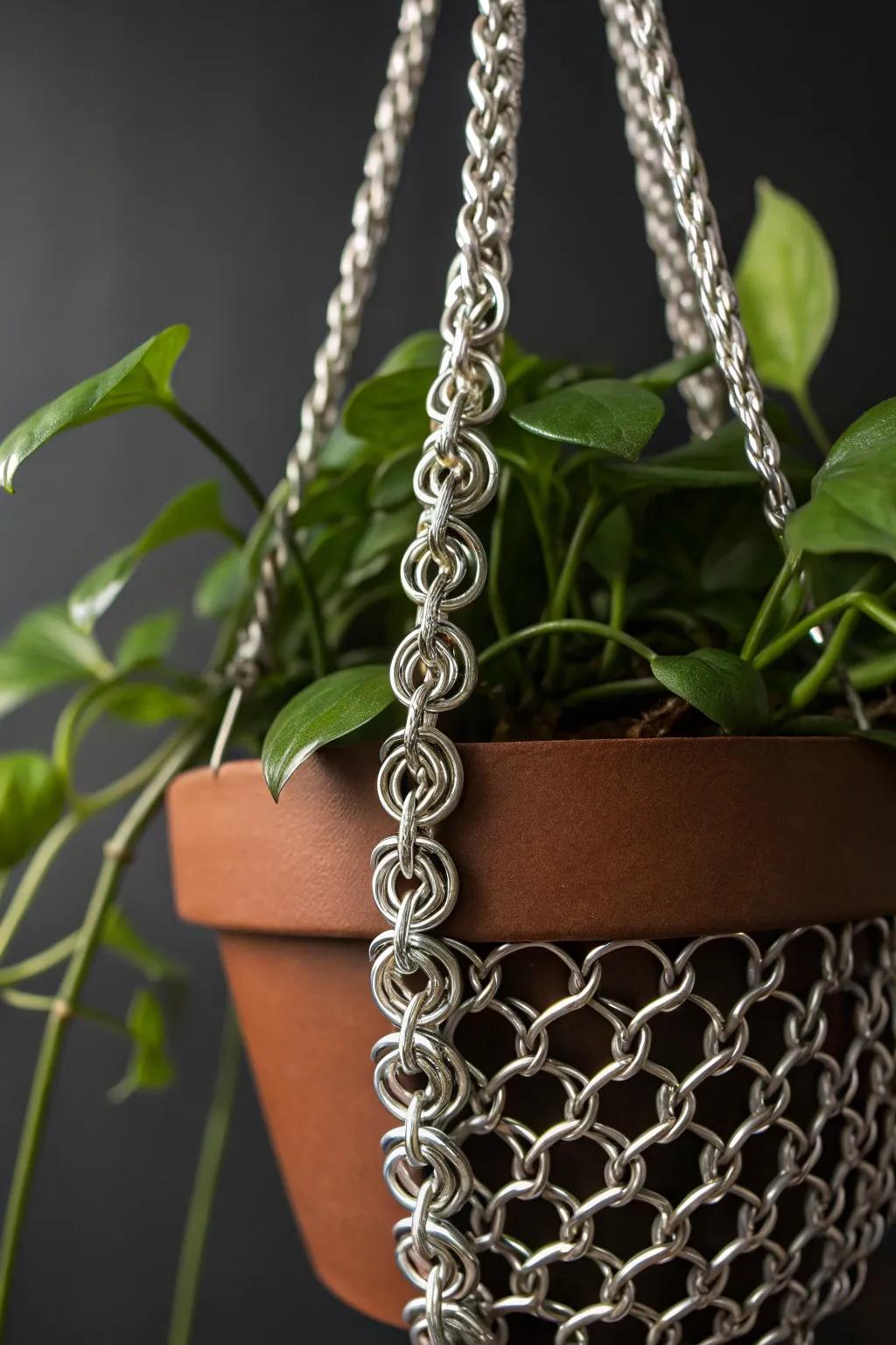 Elevate your space with industrial elegance: a handcrafted chainmail plant hanger that combines style and strength.