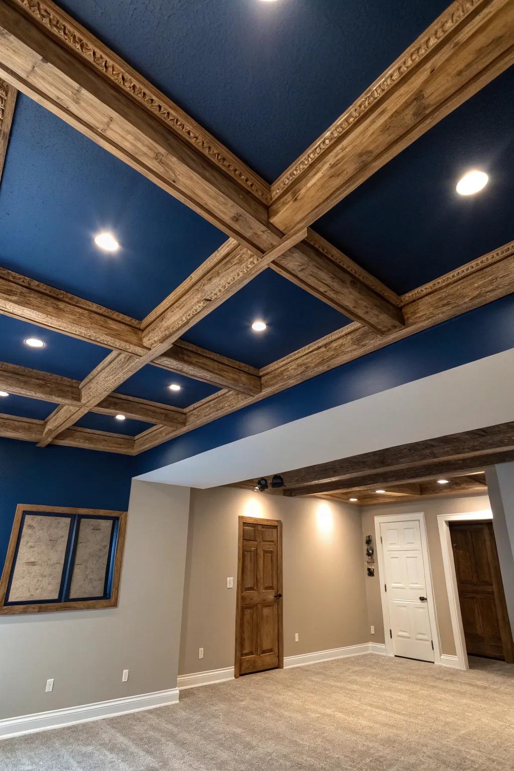 Transform your basement with a bold painted ceiling that combines modern elegance with rustic charm.