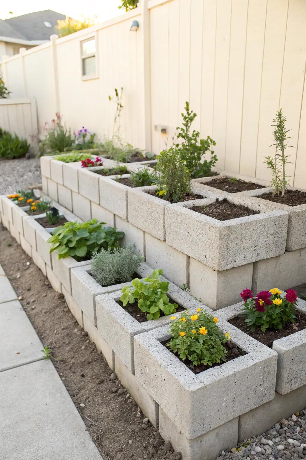 Elevate your garden style with budget-friendly cinder block borders, combining simplicity and natural beauty.