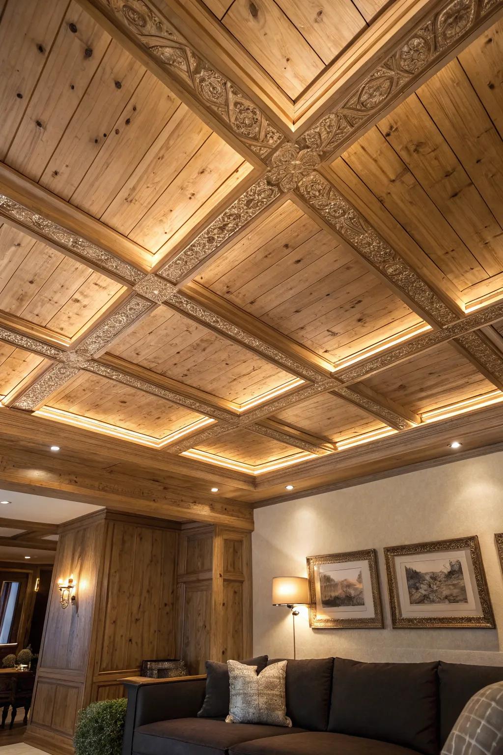 Transform your living room with the warm embrace of a handcrafted wooden ceiling.