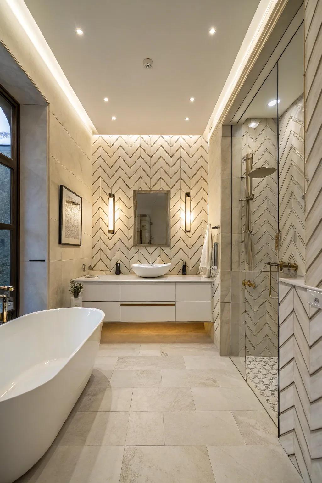 Chevron tiles create a calming and expansive atmosphere in this elegant bathroom.