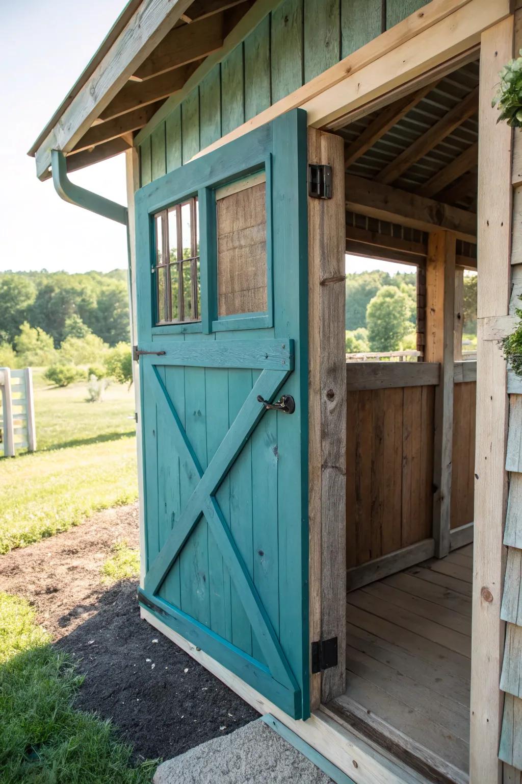 Elevate your chicken coop's charm with a rustic Dutch door, blending style and function effortlessly.