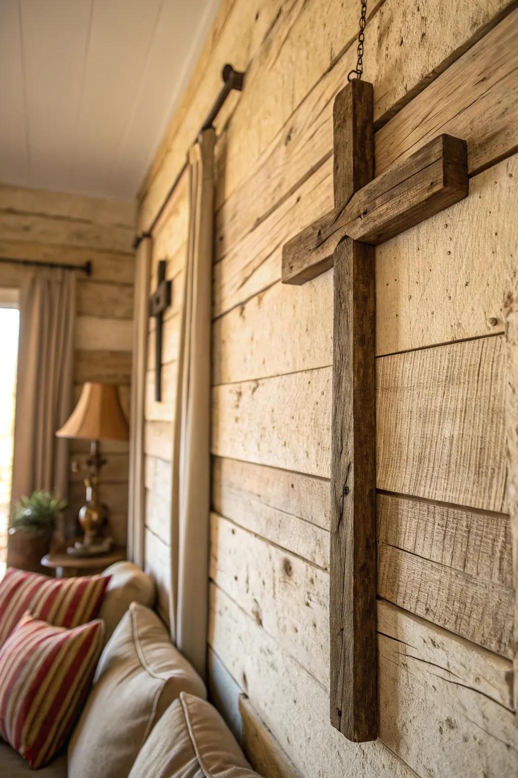 A rustic wooden cross adds warmth and tradition.