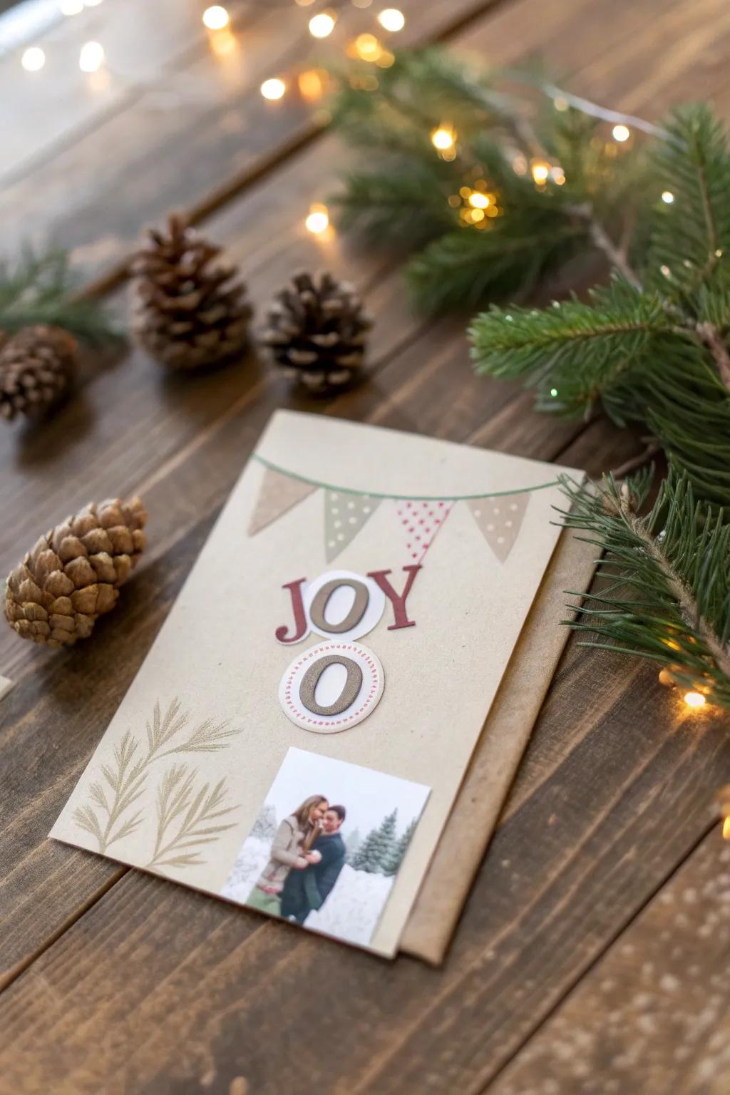 Capture the spirit of Christmas with a personalized 'JOY' card that shines with simplicity and warmth.