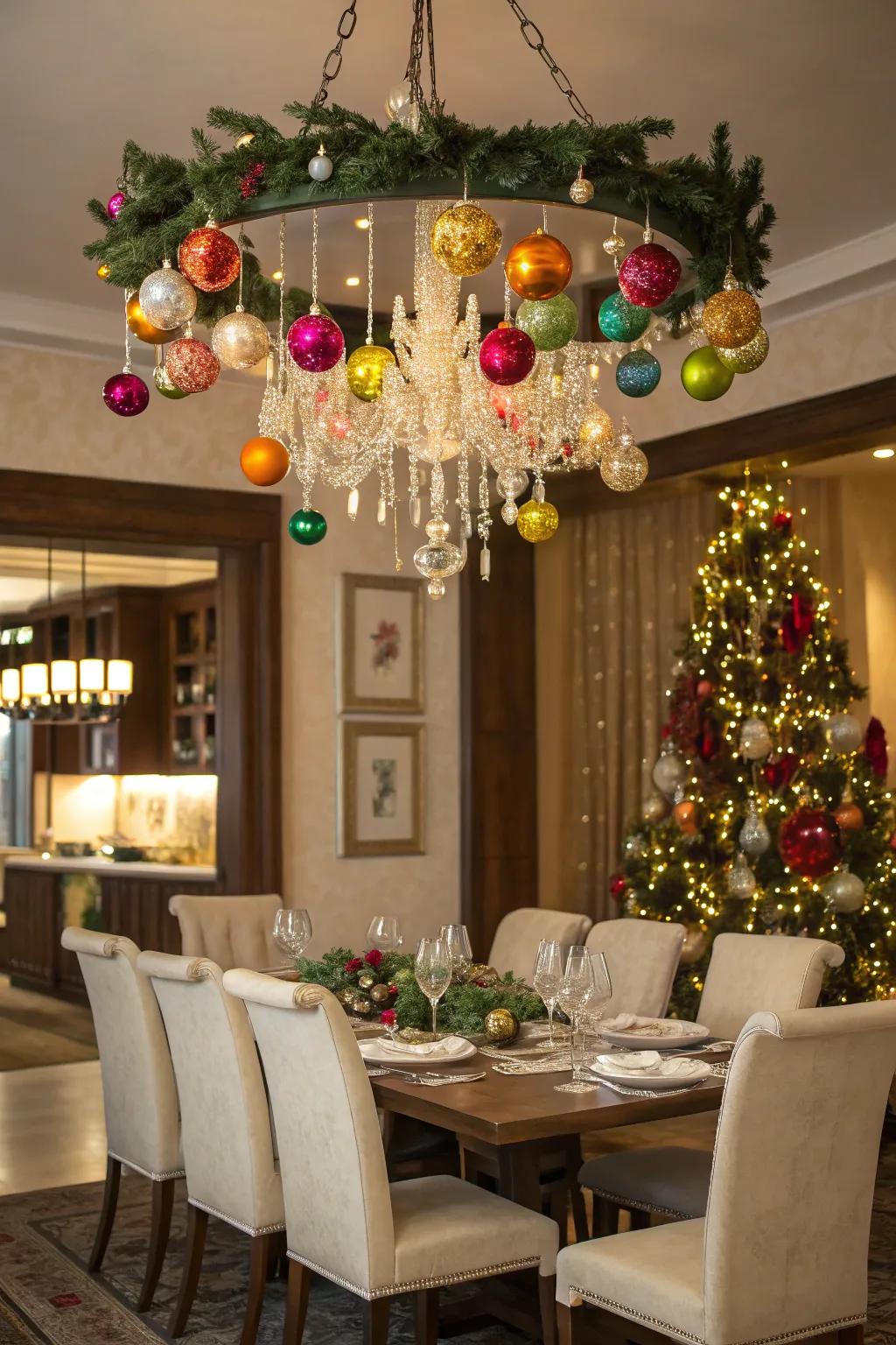 An ornament-filled chandelier makes a bold holiday statement.
