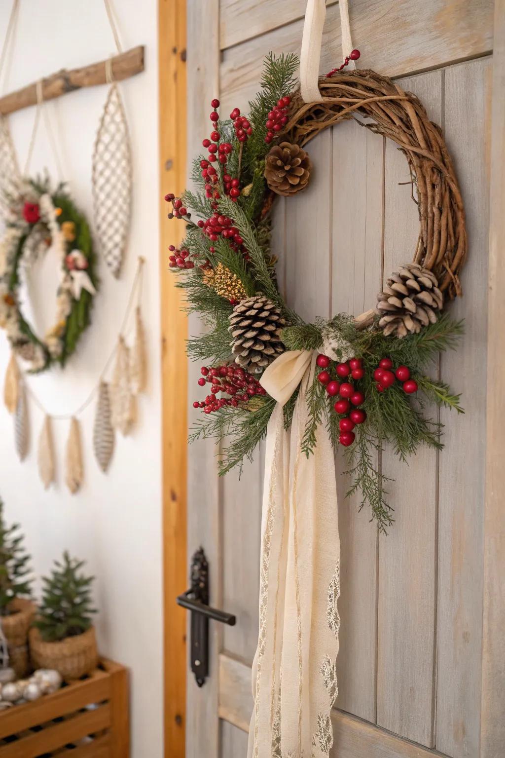 Embrace the festive spirit with a handcrafted holiday wreath that exudes natural beauty and warmth.