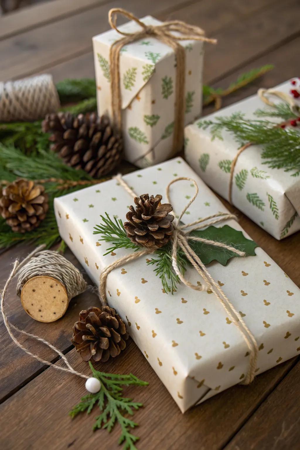 Gifts adorned with natural elements for a rustic charm.