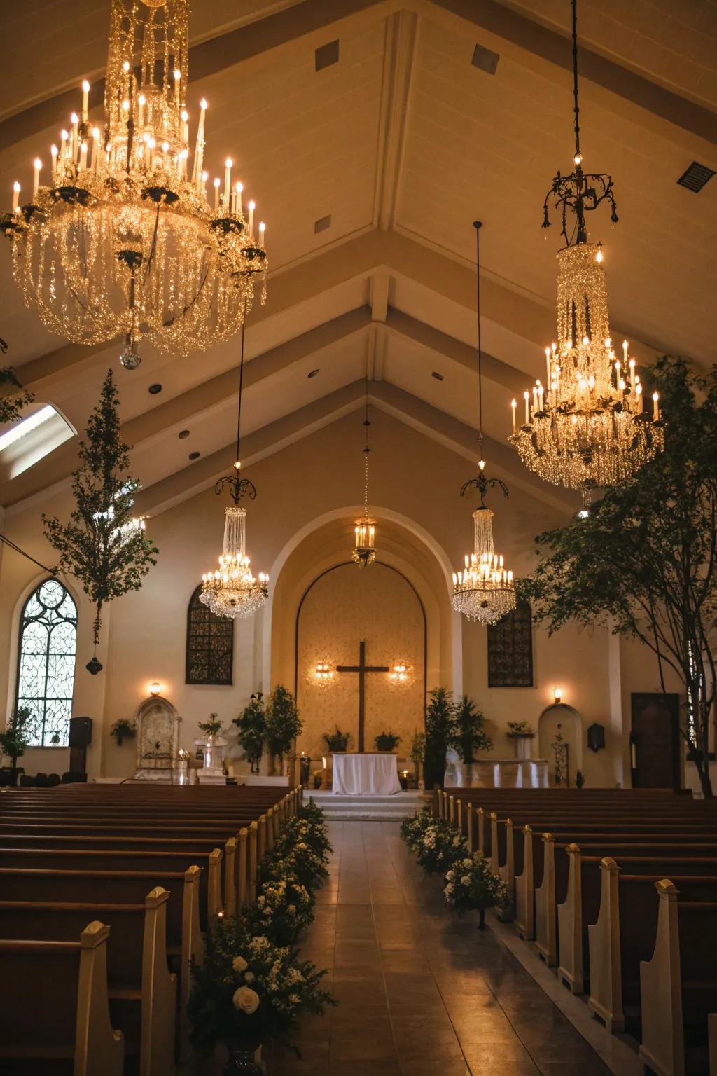 Elegant chandeliers create a warm and classic ambiance.