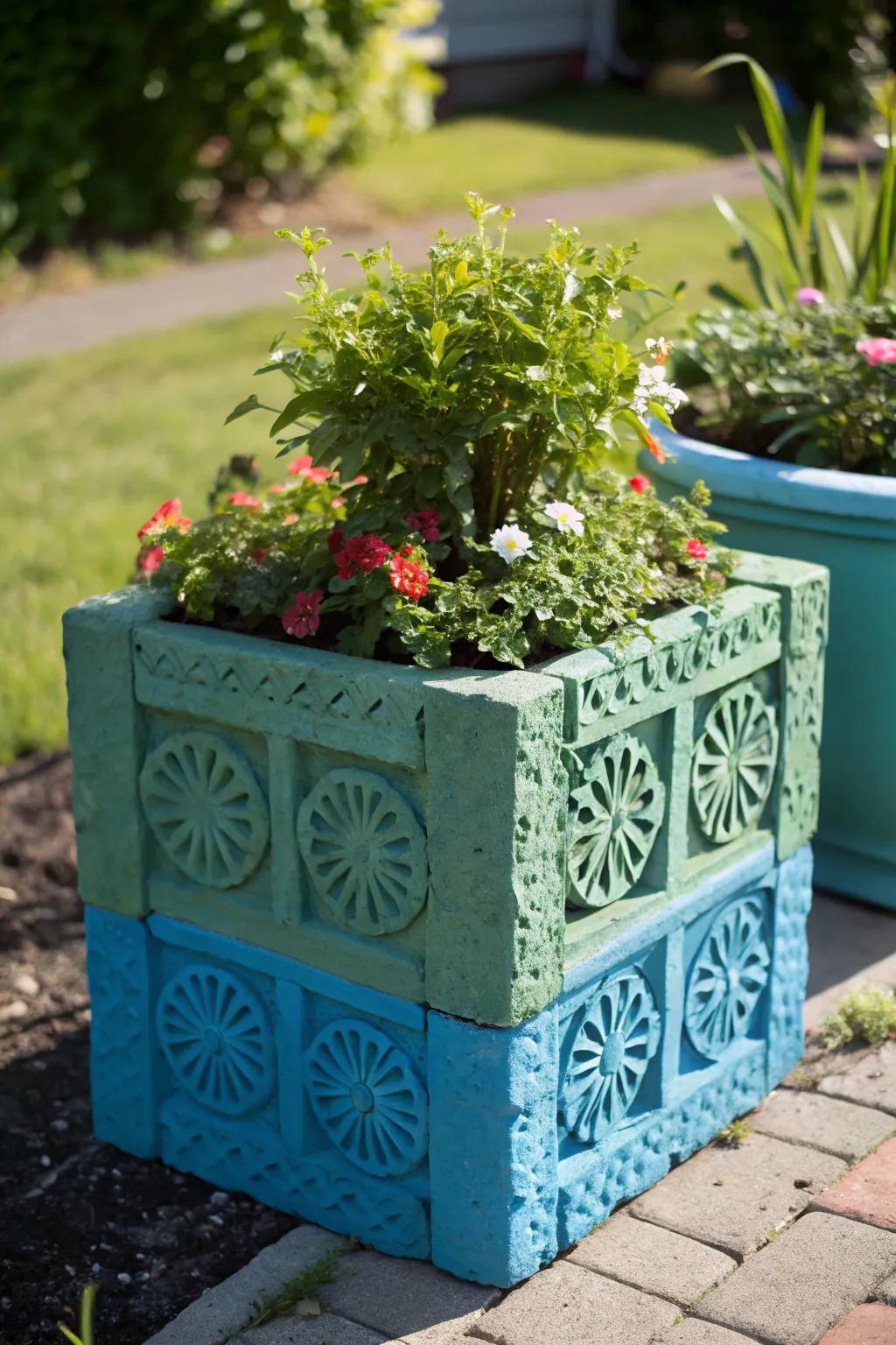 Elevate your garden with this stunning painted cinder block masterpiece.