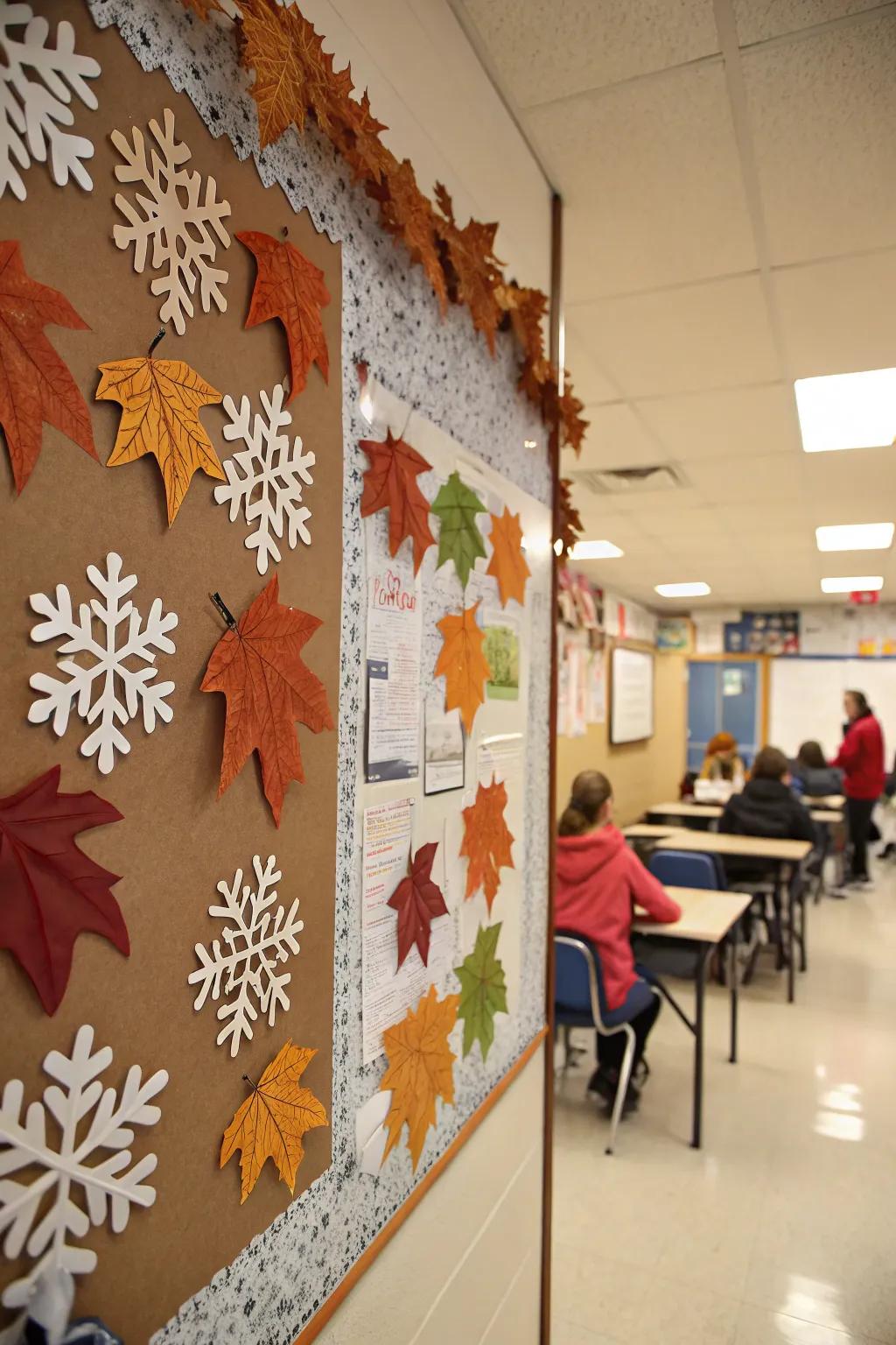 A calendar board that changes with the seasons, featuring autumn leaves and winter snowflakes.