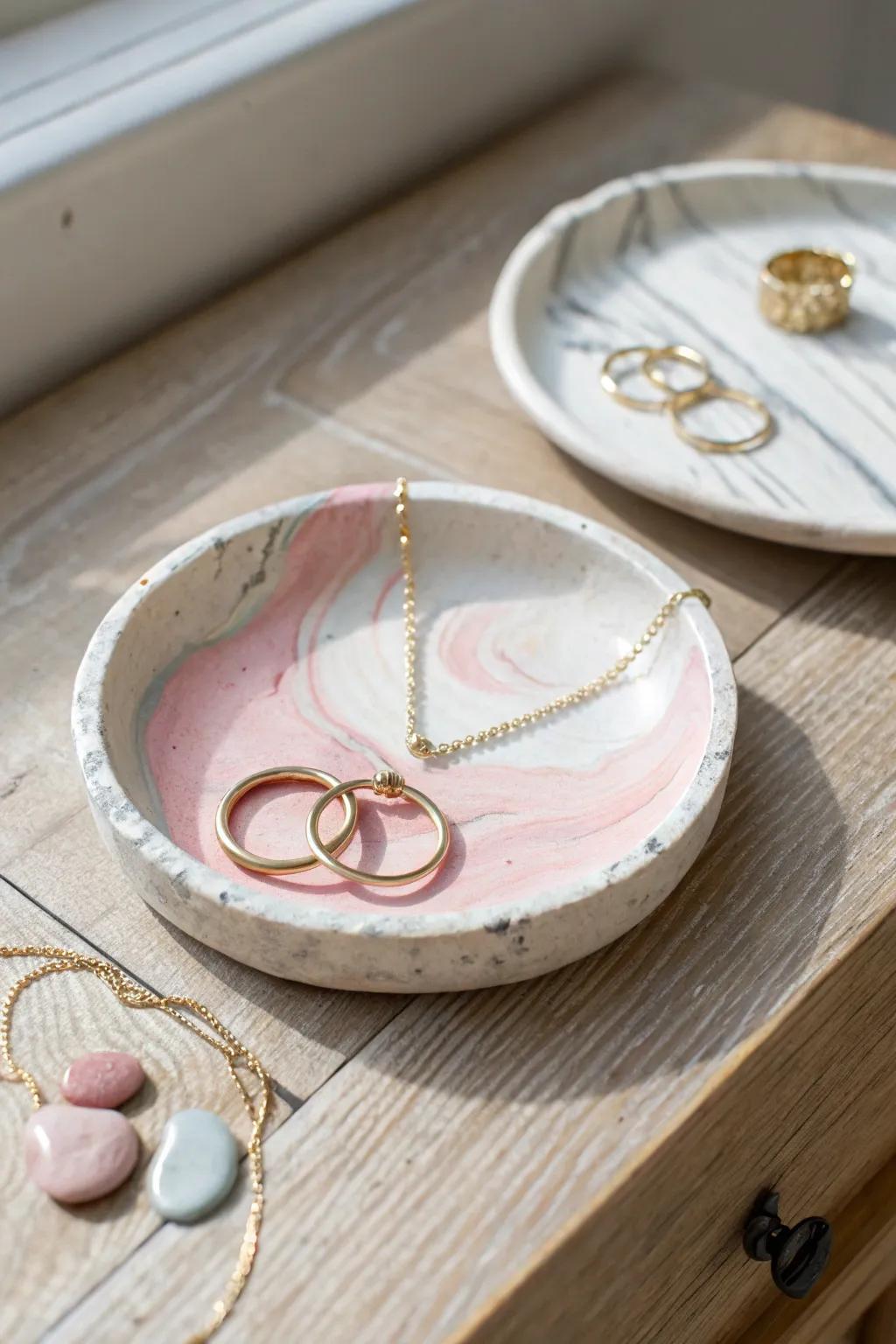 Elevate your space with a handcrafted marbled jewelry dish – where functionality meets artistry.