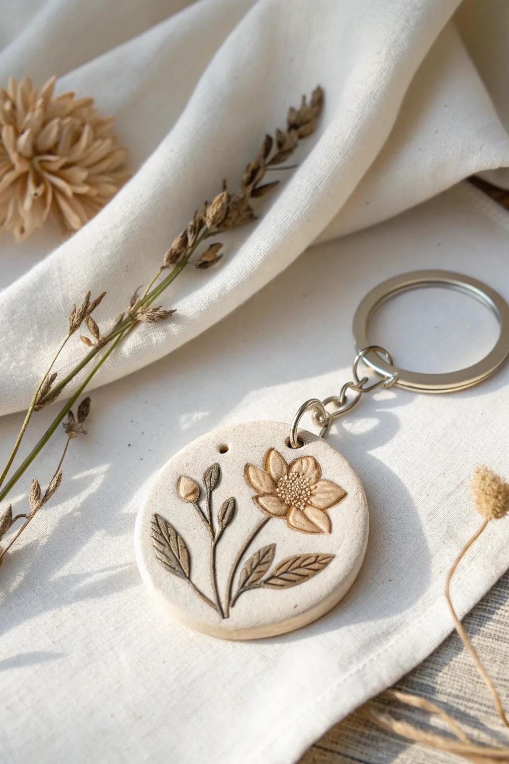 Embrace elegance and nature with this handcrafted clay keychain, a perfect blend of minimalist design and bohemian charm.
