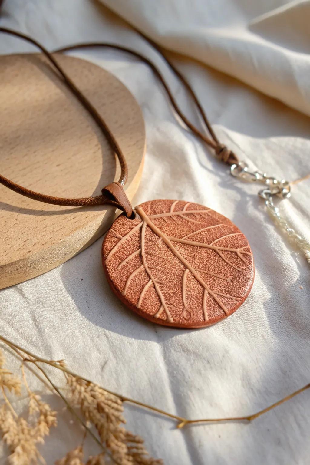 Embrace nature's artistry with a leaf-imprinted clay pendant, where simplicity meets elegance.