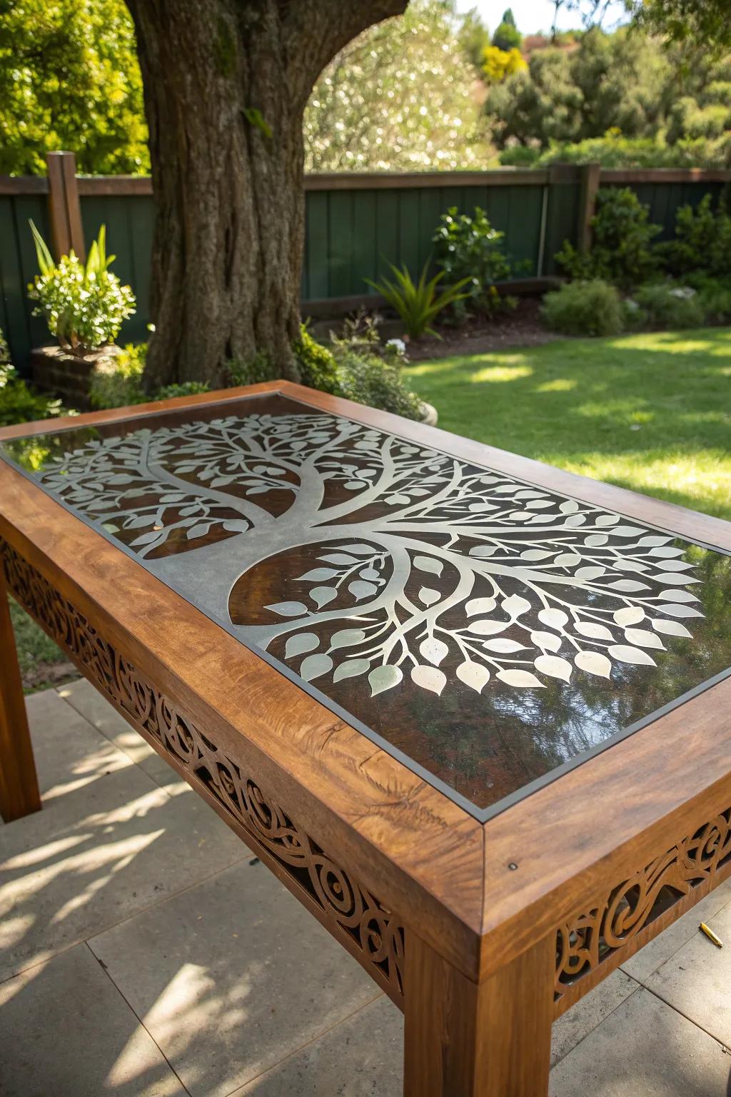 Elevate your outdoor space with the art of craftsmanship: A stunning table that blends metal and wood into a conversation piece.
