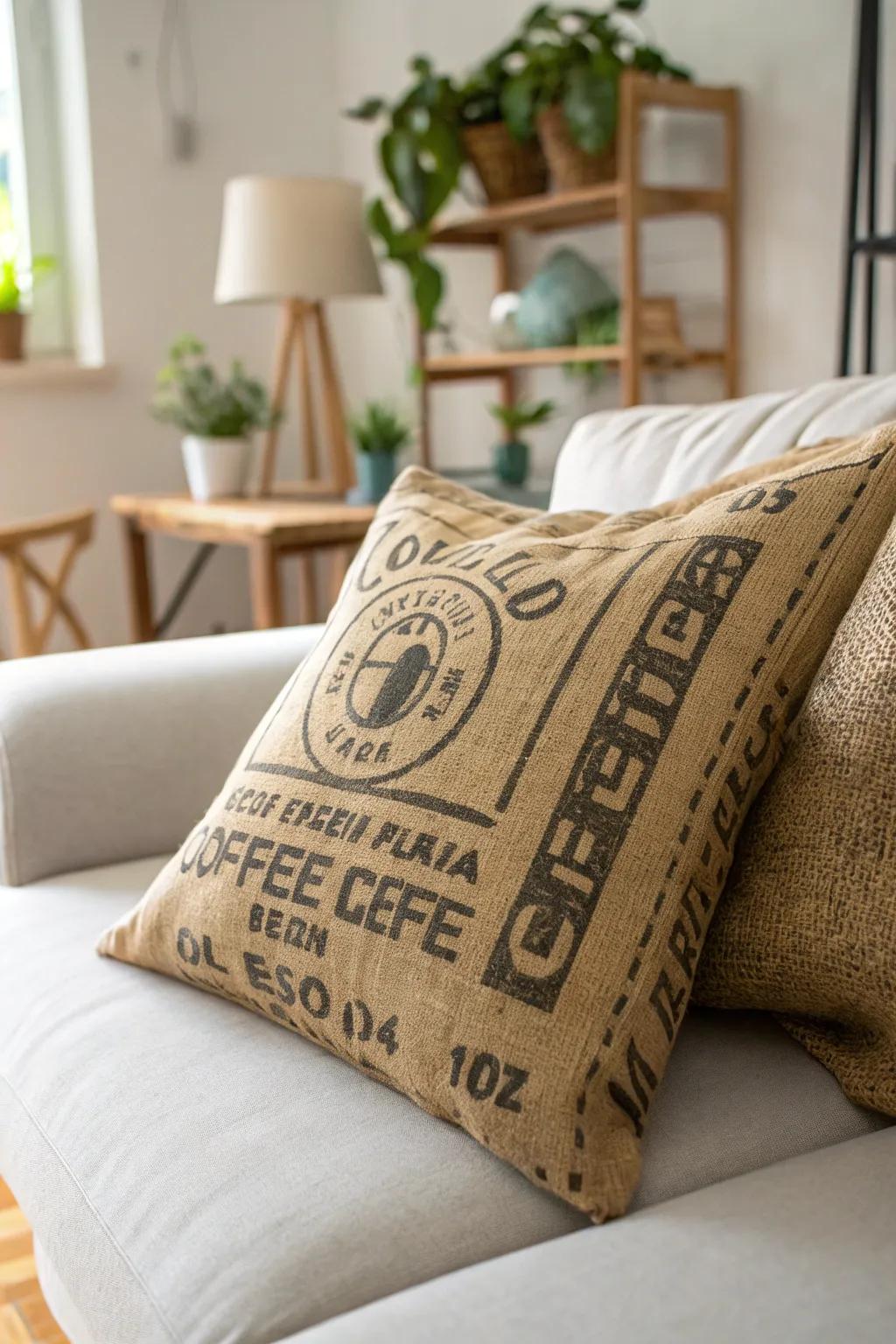 Elevate your living space with the rustic charm of coffee sack cushion covers — where sustainability meets style.