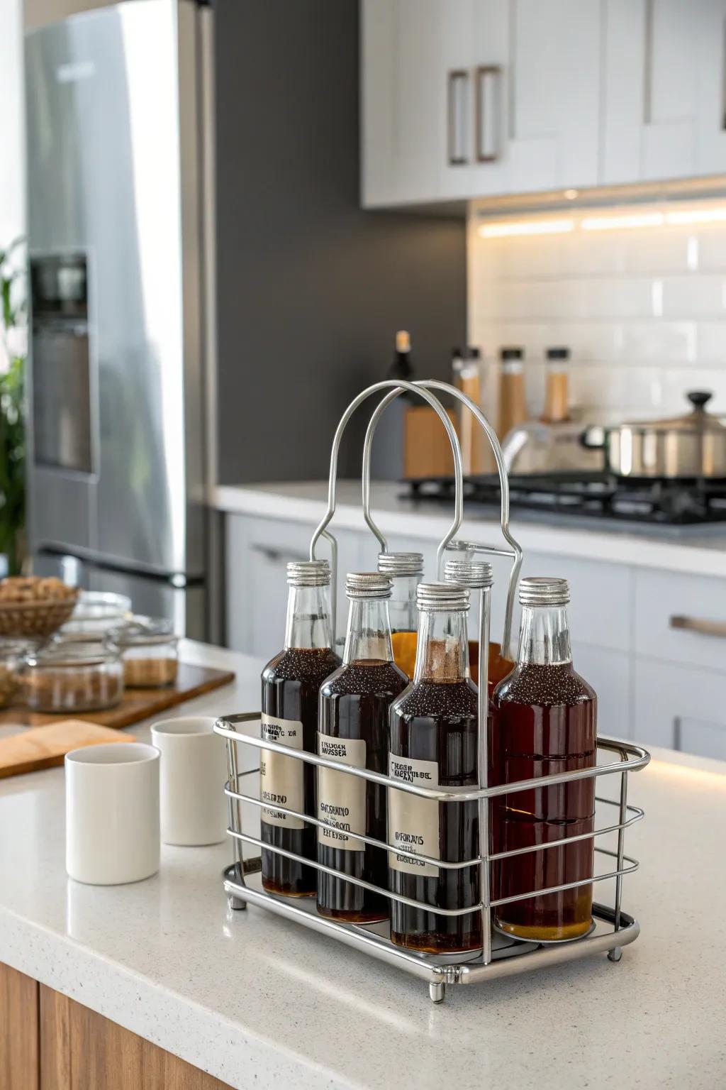 Sleek metal wire rack for a minimalist and modern touch.