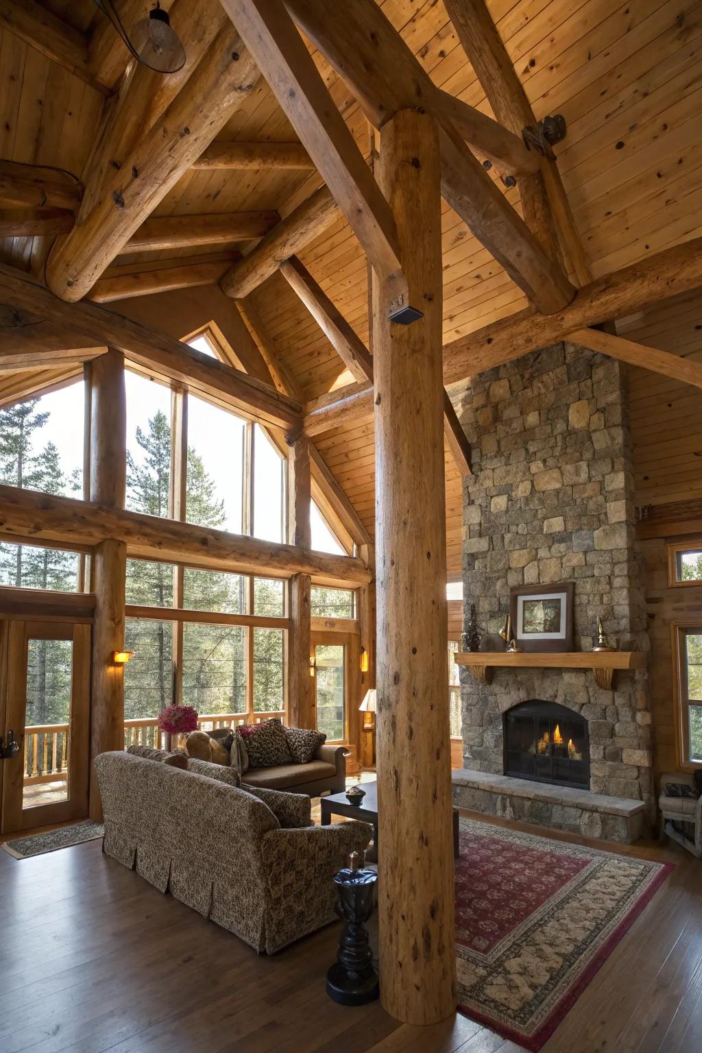 Rustic wooden columns adding warmth and character to a cabin-style living space.
