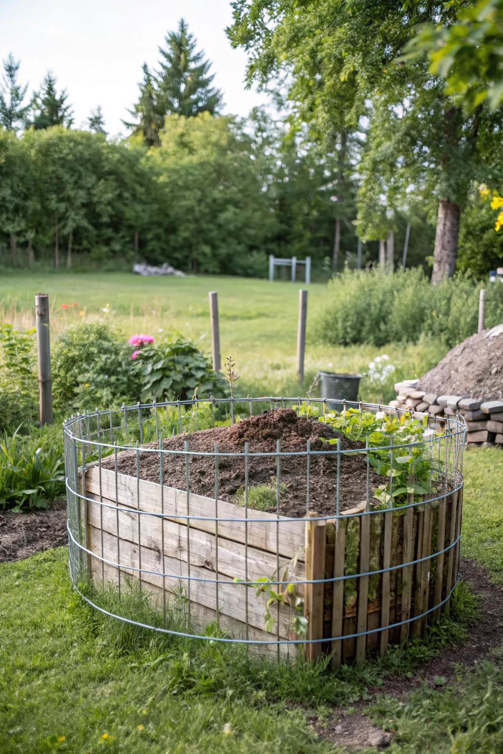 Effortless elegance: A simple wire enclosure for your compost pile, blending minimalist design with organic beauty.