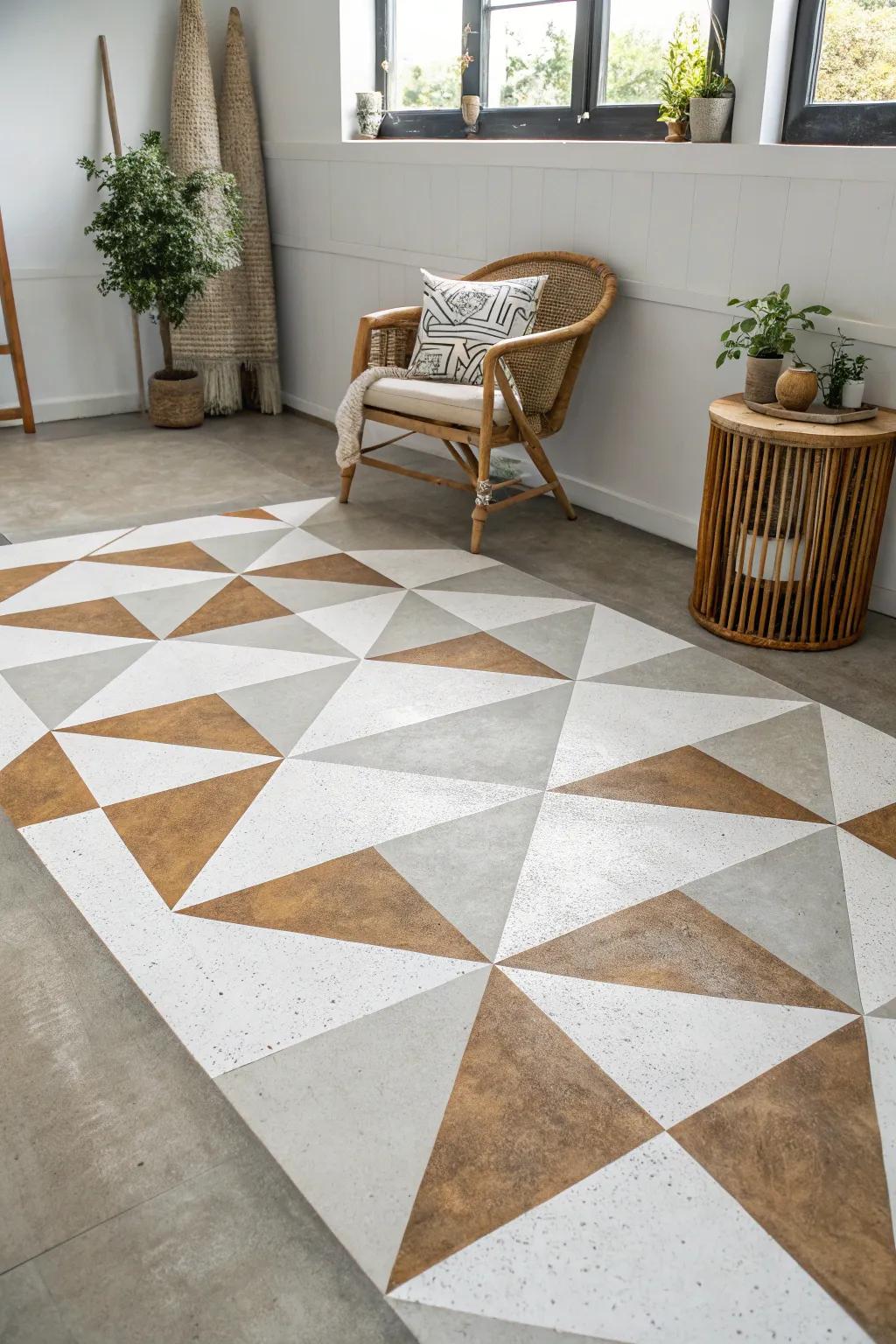Transform your space with bold geometric patterns on concrete floors—where modern design meets minimalist elegance!